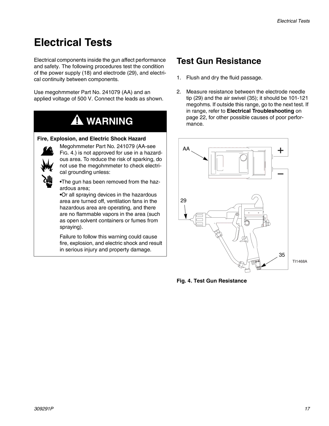 Graco Inc 244399, 309291P important safety instructions Electrical Tests, Test Gun Resistance 