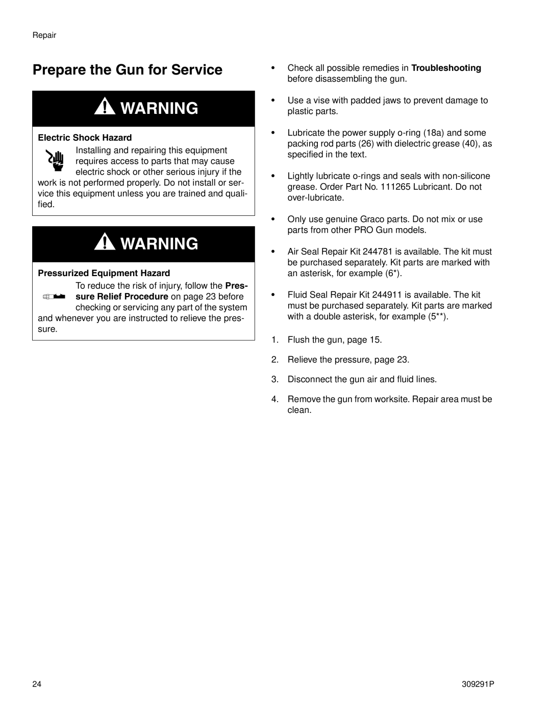 Graco Inc 309291P, 244399 important safety instructions Prepare the Gun for Service, Electric Shock Hazard 