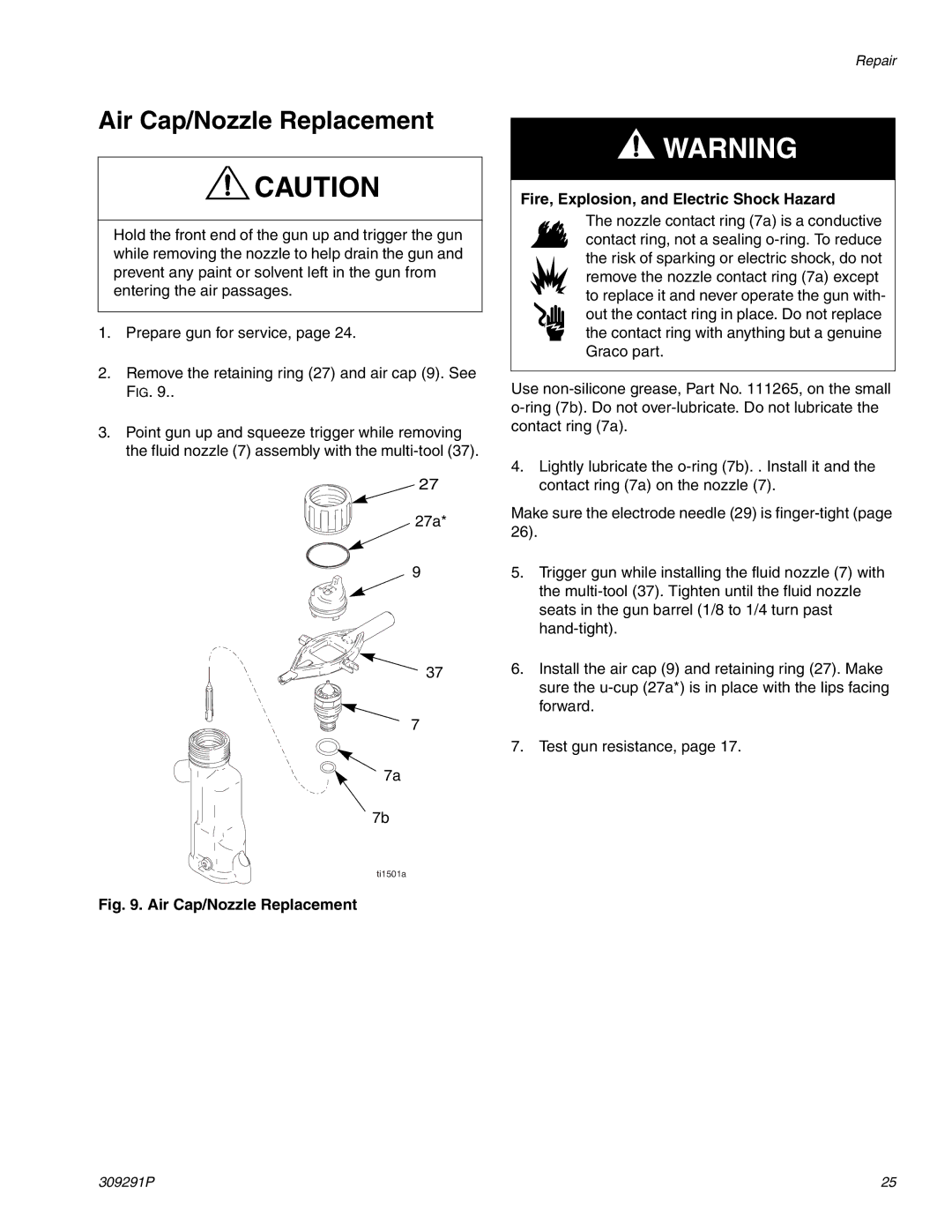 Graco Inc 244399, 309291P important safety instructions Air Cap/Nozzle Replacement 