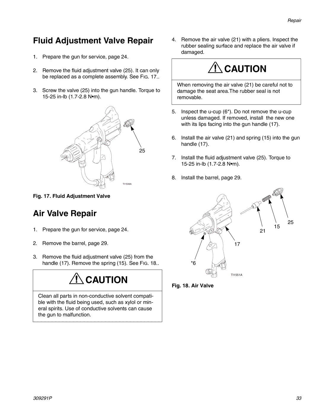 Graco Inc 244399, 309291P important safety instructions Fluid Adjustment Valve Repair, Air Valve Repair 