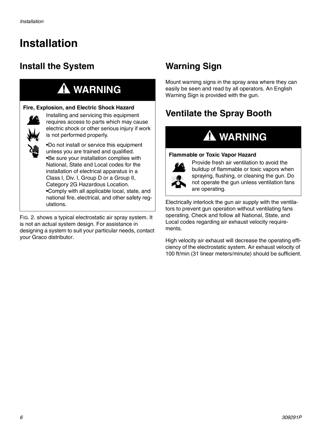 Graco Inc 309291P, 244399 Installation, Install the System, Ventilate the Spray Booth, Flammable or Toxic Vapor Hazard 