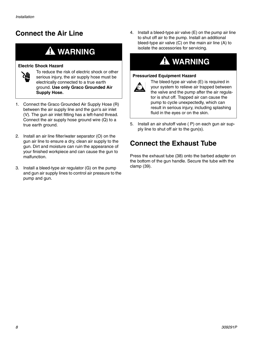 Graco Inc 309291P, 244399 Connect the Air Line, Connect the Exhaust Tube, Electric Shock Hazard, Supply Hose 