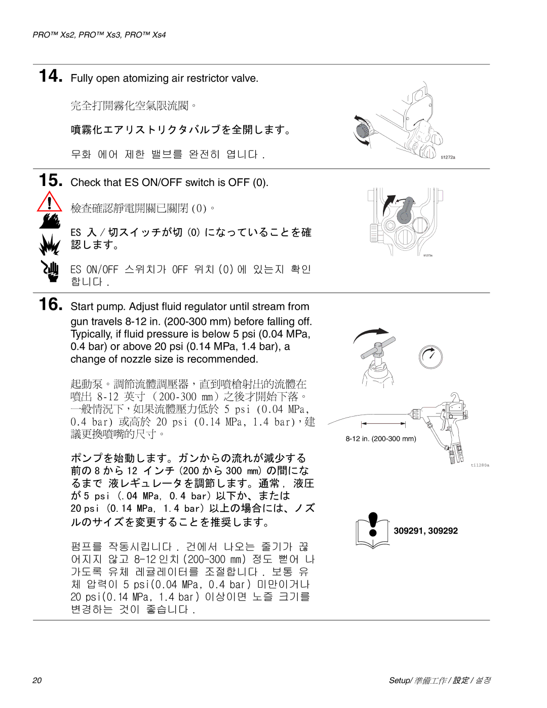 Graco Inc 3Z9294, 309292, 309291 manual 噴霧化エアリストリクタバルブを全開します。, ES 入 / 切スイッチが切 0 になっていることを確 認します。 