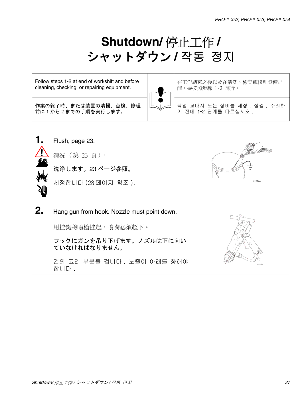 Graco Inc 309292, 309291, 3Z9294 manual Shutdown/ 停止工作, シャットダウン / 작동 정지, 清洗 （第 23 頁）。 洗浄します。23 ページ参照。 