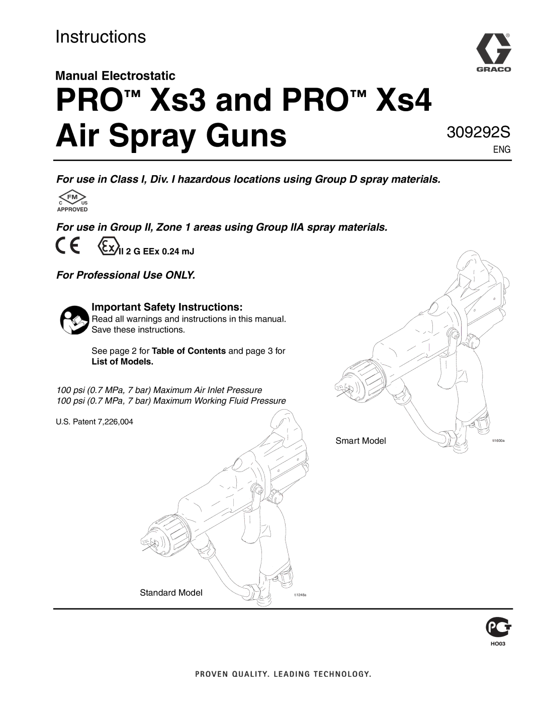 Graco Inc ti1600a, 309292S, ti1248a important safety instructions II 2 G EEx 0.24 mJ, List of Models 