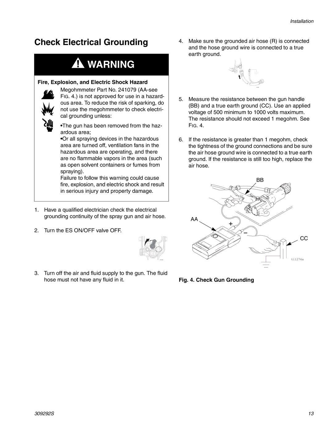 Graco Inc ti1600a, 309292S, ti1248a important safety instructions Check Electrical Grounding, Check Gun Grounding 