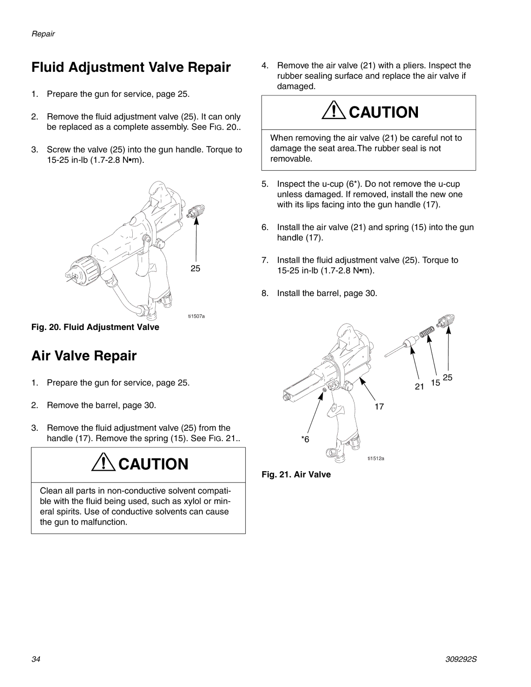 Graco Inc ti1600a, 309292S, ti1248a important safety instructions Fluid Adjustment Valve Repair, Air Valve Repair 