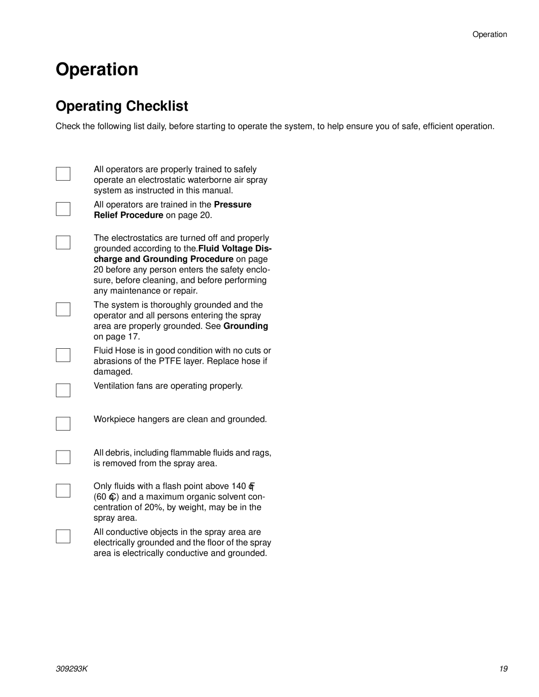 Graco Inc 244581, 309293K, 244582 important safety instructions Operation, Operating Checklist, Relief Procedure on 