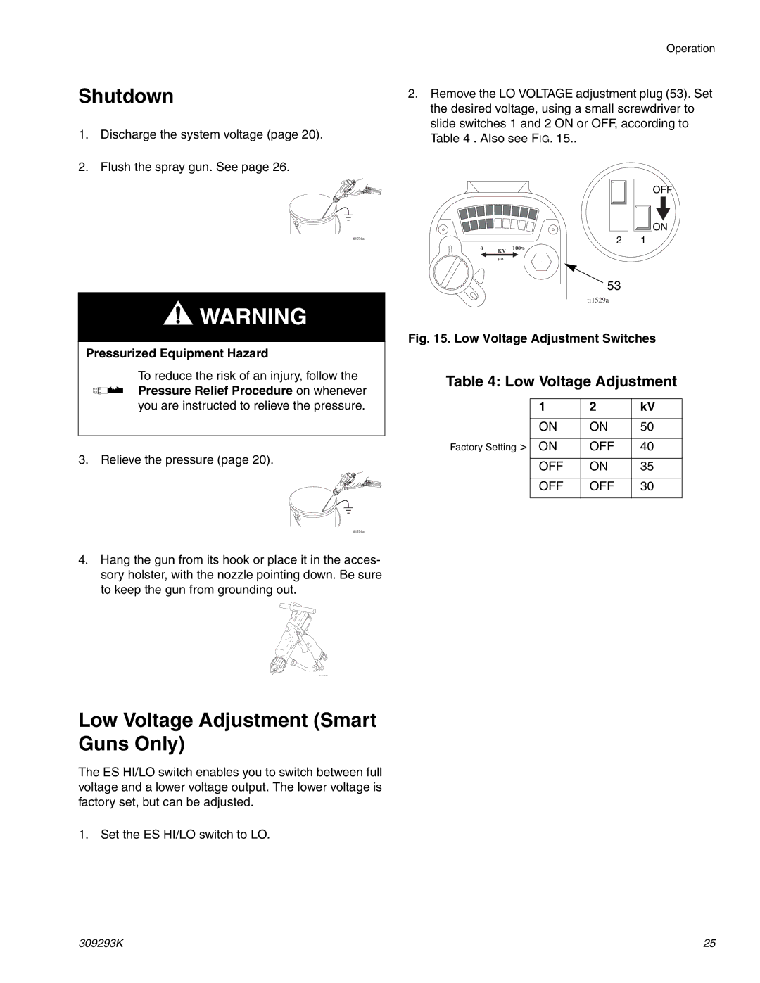 Graco Inc 309293K, 244582, 244581 important safety instructions Shutdown, Low Voltage Adjustment Smart Guns Only 