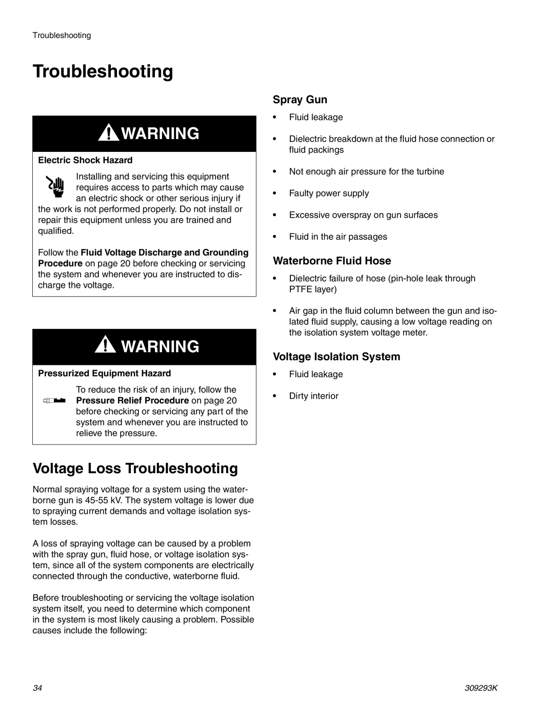 Graco Inc 244582, 309293 Voltage Loss Troubleshooting, Spray Gun, Waterborne Fluid Hose, Voltage Isolation System 