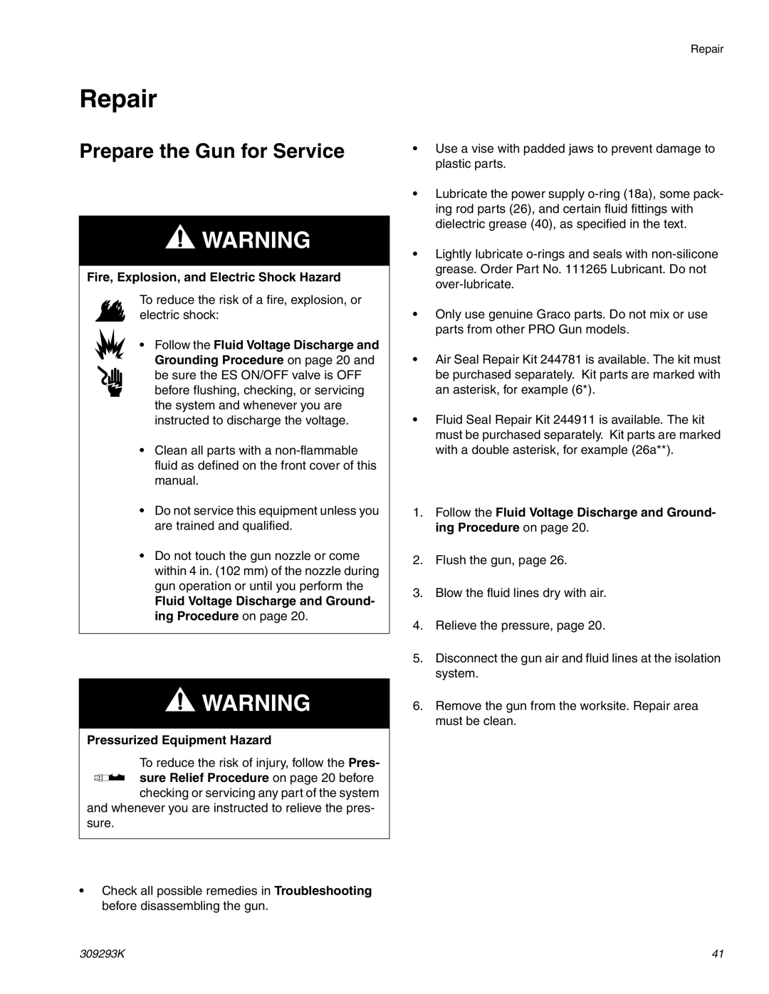 Graco Inc 309293K, 244582, 244581 important safety instructions Repair, Prepare the Gun for Service 