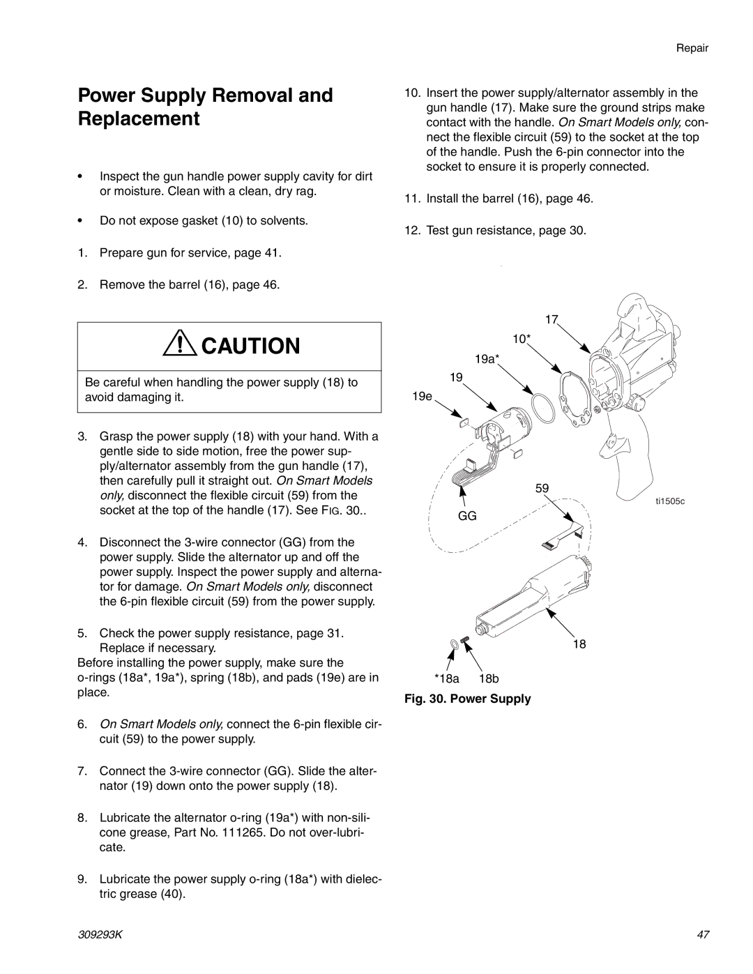 Graco Inc 244581, 309293K, 244582 important safety instructions Power Supply Removal and Replacement 