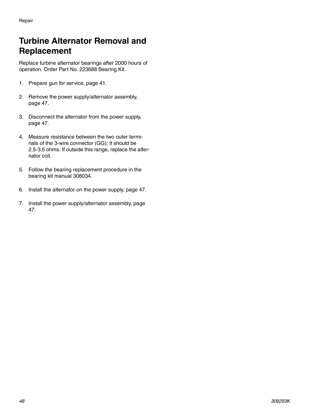 Graco Inc 309293K, 244582, 244581 important safety instructions Turbine Alternator Removal and Replacement 