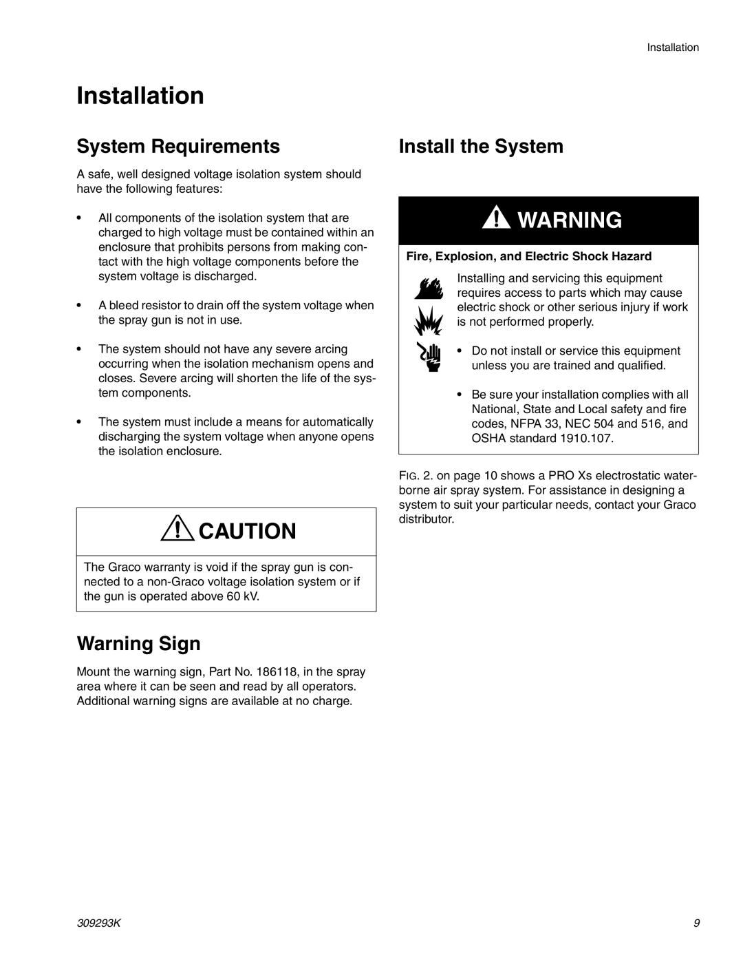 Graco Inc 309293K, 244582 Installation, System Requirements Install the System, Fire, Explosion, and Electric Shock Hazard 