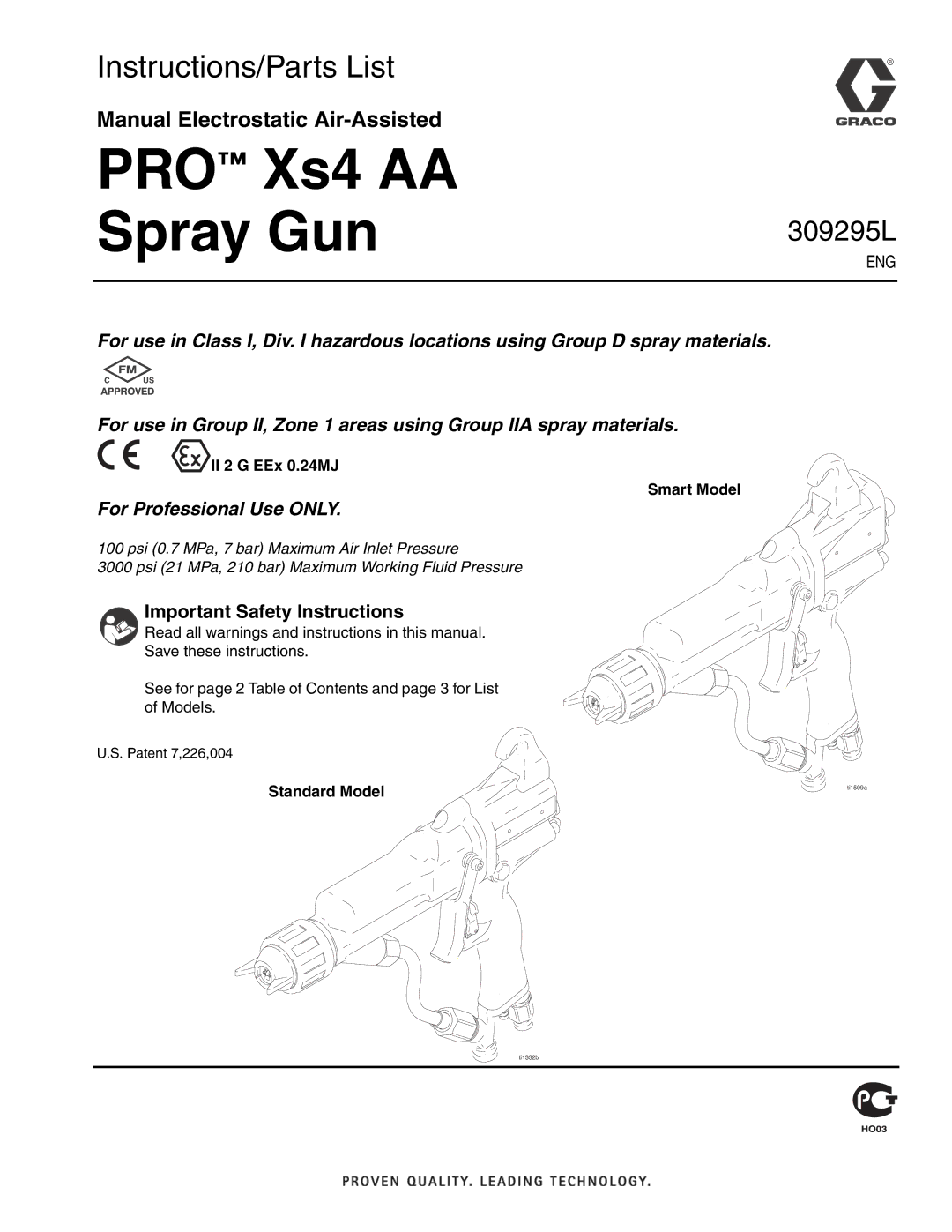 Graco Inc 309295L, 244572 important safety instructions Important Safety Instructions, II 2 G EEx 0.24MJ Smart Model 