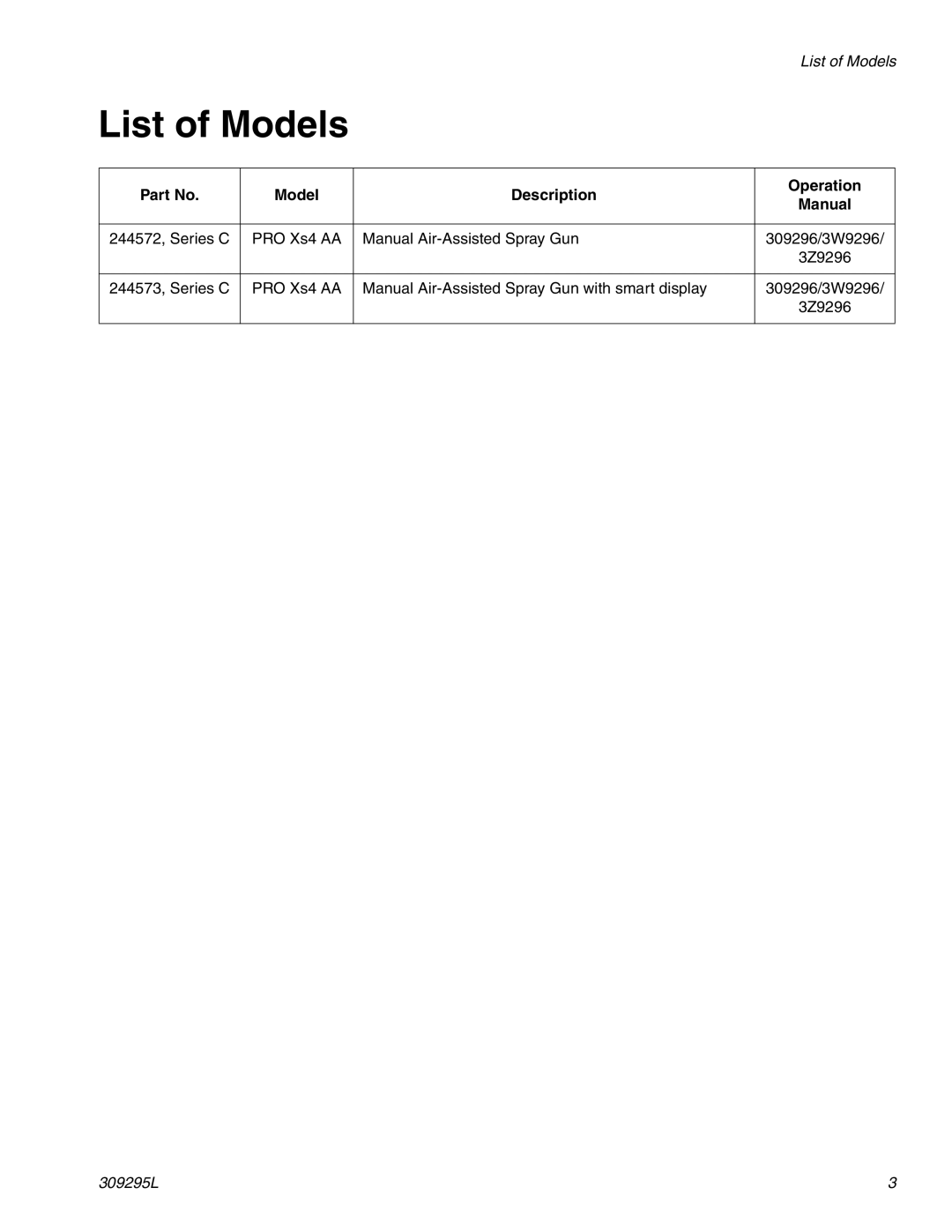 Graco Inc 244573, 309295L, 244572, Xs4 AA important safety instructions List of Models 