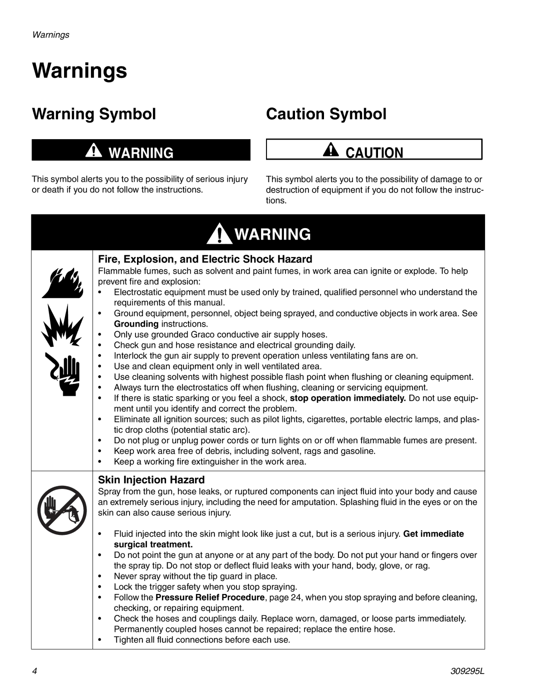 Graco Inc Xs4 AA, 309295L, 244572, 244573 Fire, Explosion, and Electric Shock Hazard, Skin Injection Hazard 