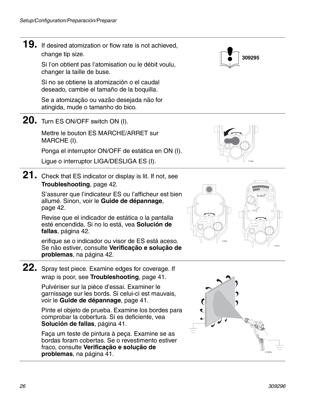 Graco Inc 309296F manual Troubleshooting, Solución de fallas , página, Fraco, consulte Verificação e solução de 