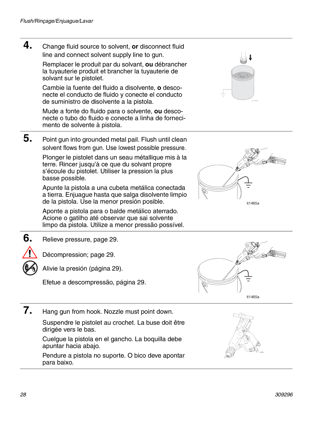 Graco Inc 309296F manual Pendure a pistola no suporte. O bico deve apontar para baixo 