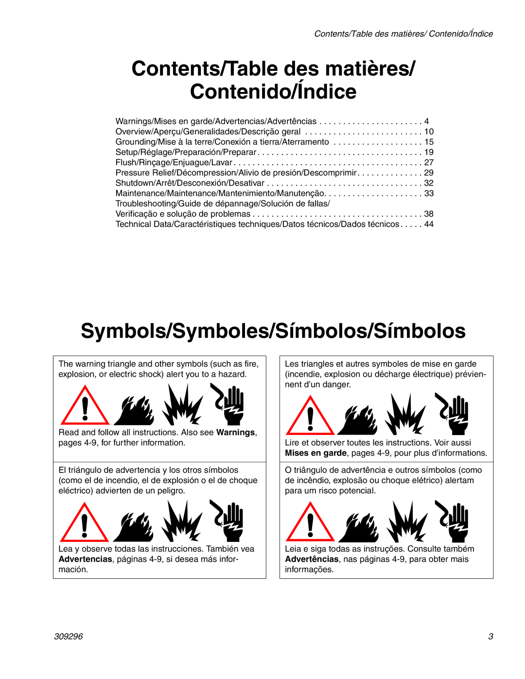 Graco Inc 309296F manual Contents/Table des matières Contenido/Índice, Symbols/Symboles/Símbolos/Símbolos 