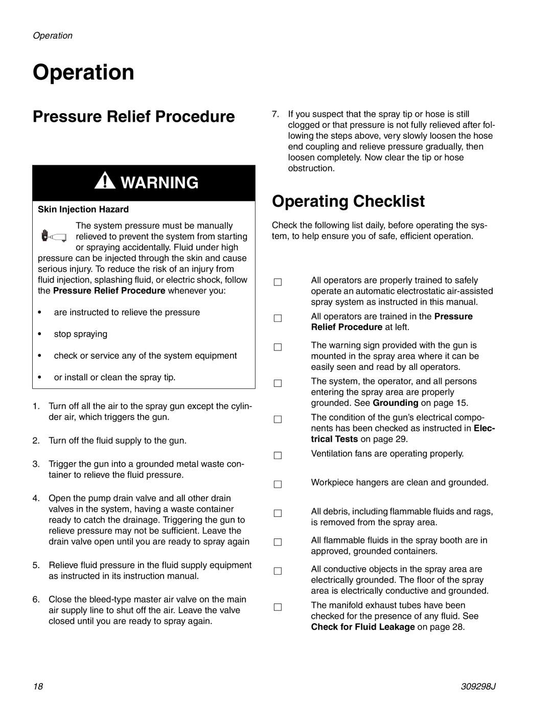 Graco Inc TI1713A, 309298J, 244592 Operation, Pressure Relief Procedure, Operating Checklist, Relief Procedure at left 