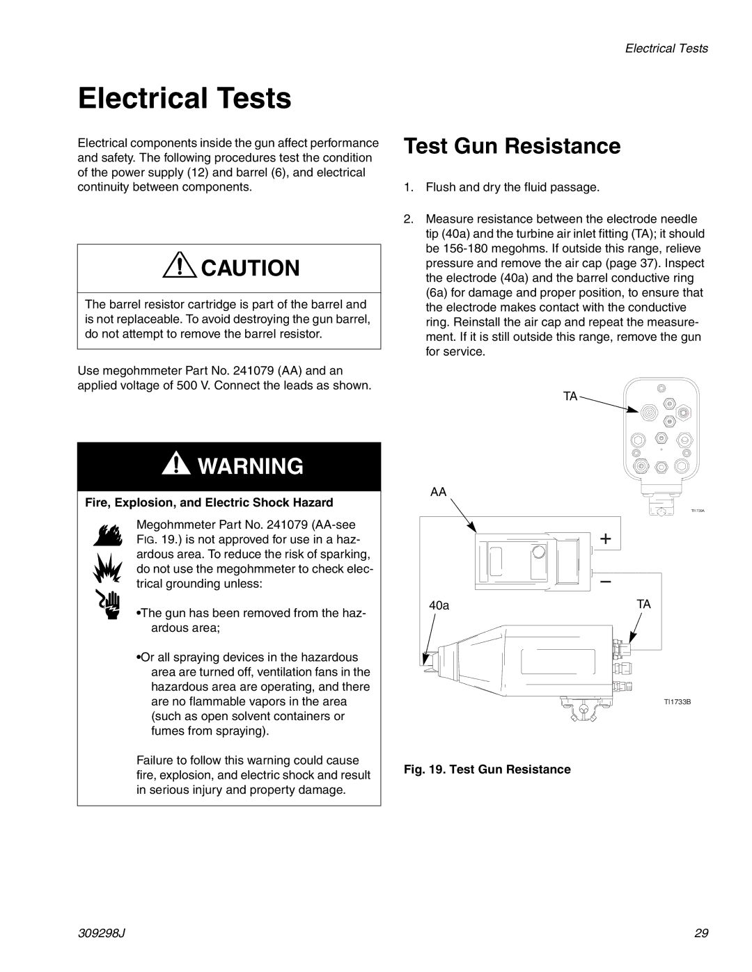 Graco Inc 244592, 309298J, TI1713A, PRO Auto Xs AA important safety instructions Electrical Tests, Test Gun Resistance 