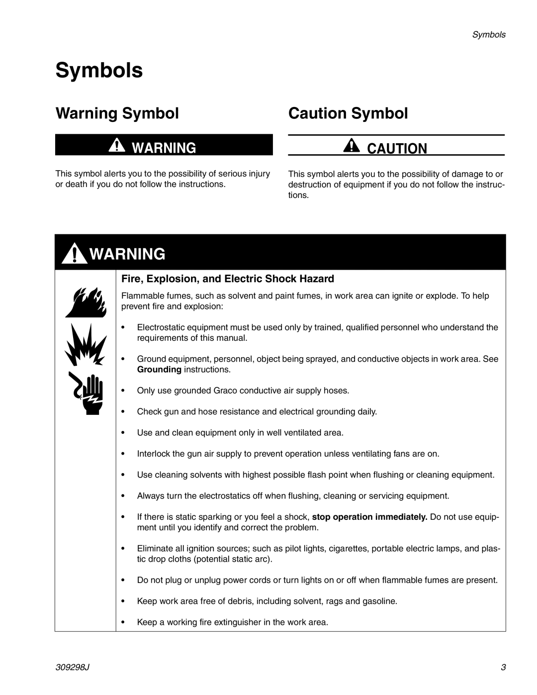Graco Inc PRO Auto Xs AA, 309298J, 244592, TI1713A Symbols, Fire, Explosion, and Electric Shock Hazard 