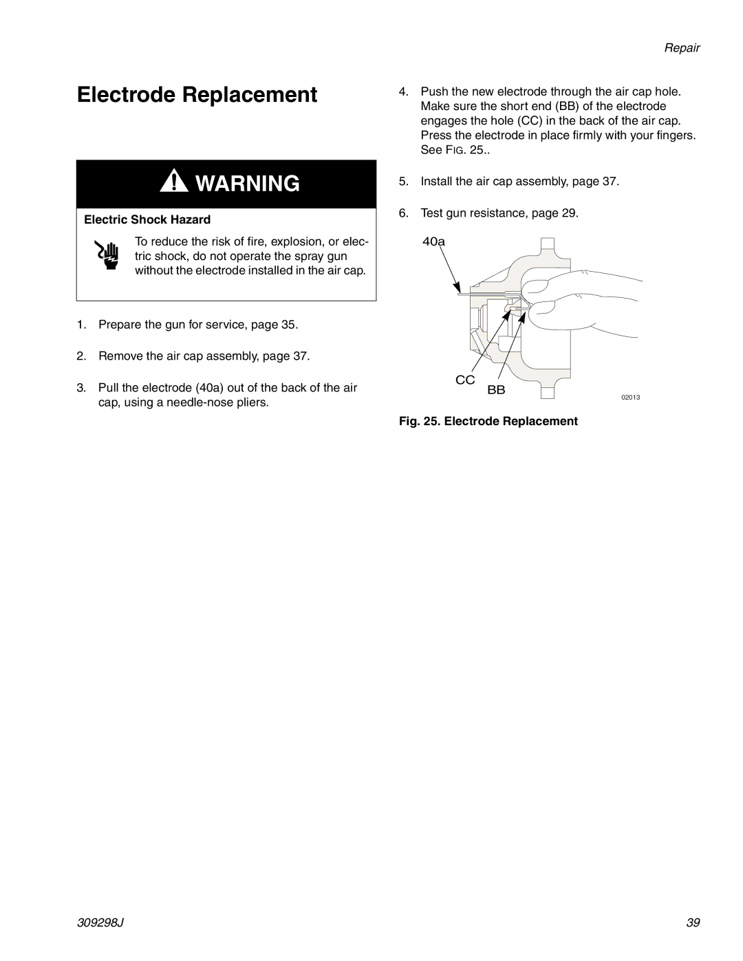 Graco Inc PRO Auto Xs AA, 309298J, 244592, TI1713A important safety instructions Electrode Replacement 