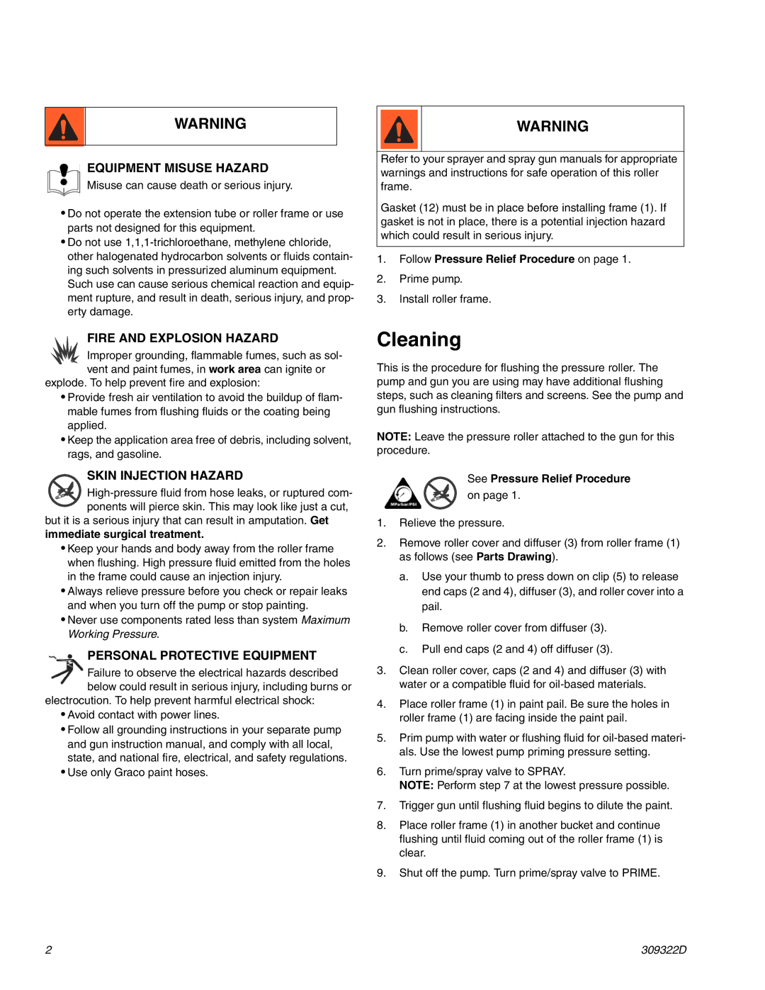 Graco Inc 309322D important safety instructions Cleaning 