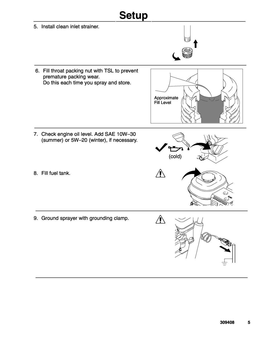 Graco Inc 309408 Setup, Install clean inlet strainer, Fill throat packing nut with TSL to prevent premature packing wear 