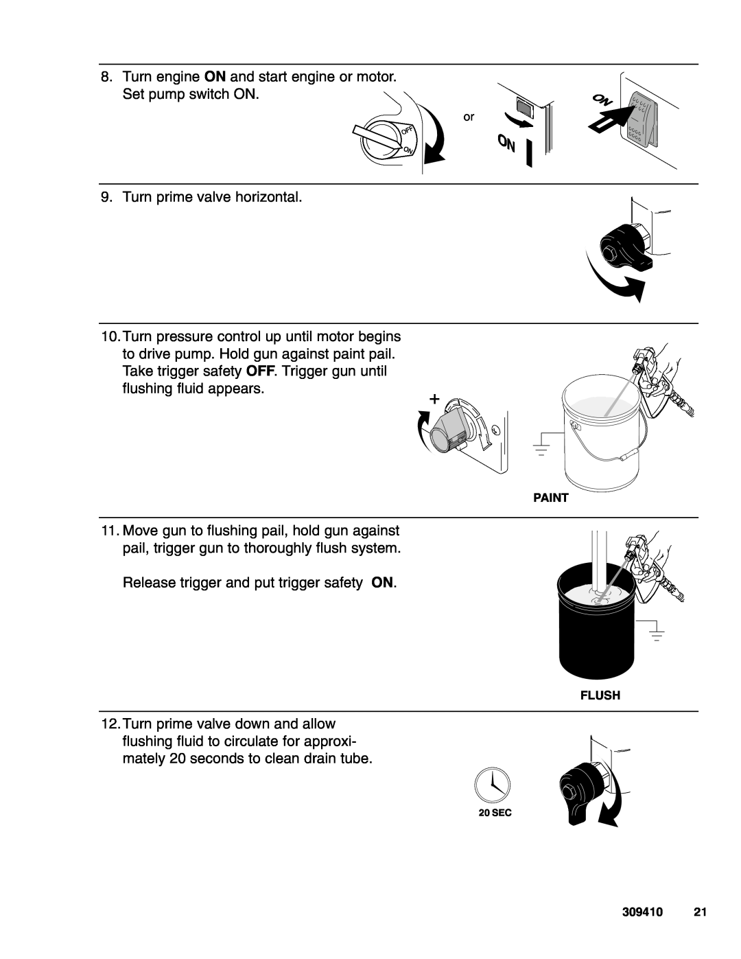 Graco Inc 309410 manual Turn engine ON and start engine or motor. Set pump switch ON 