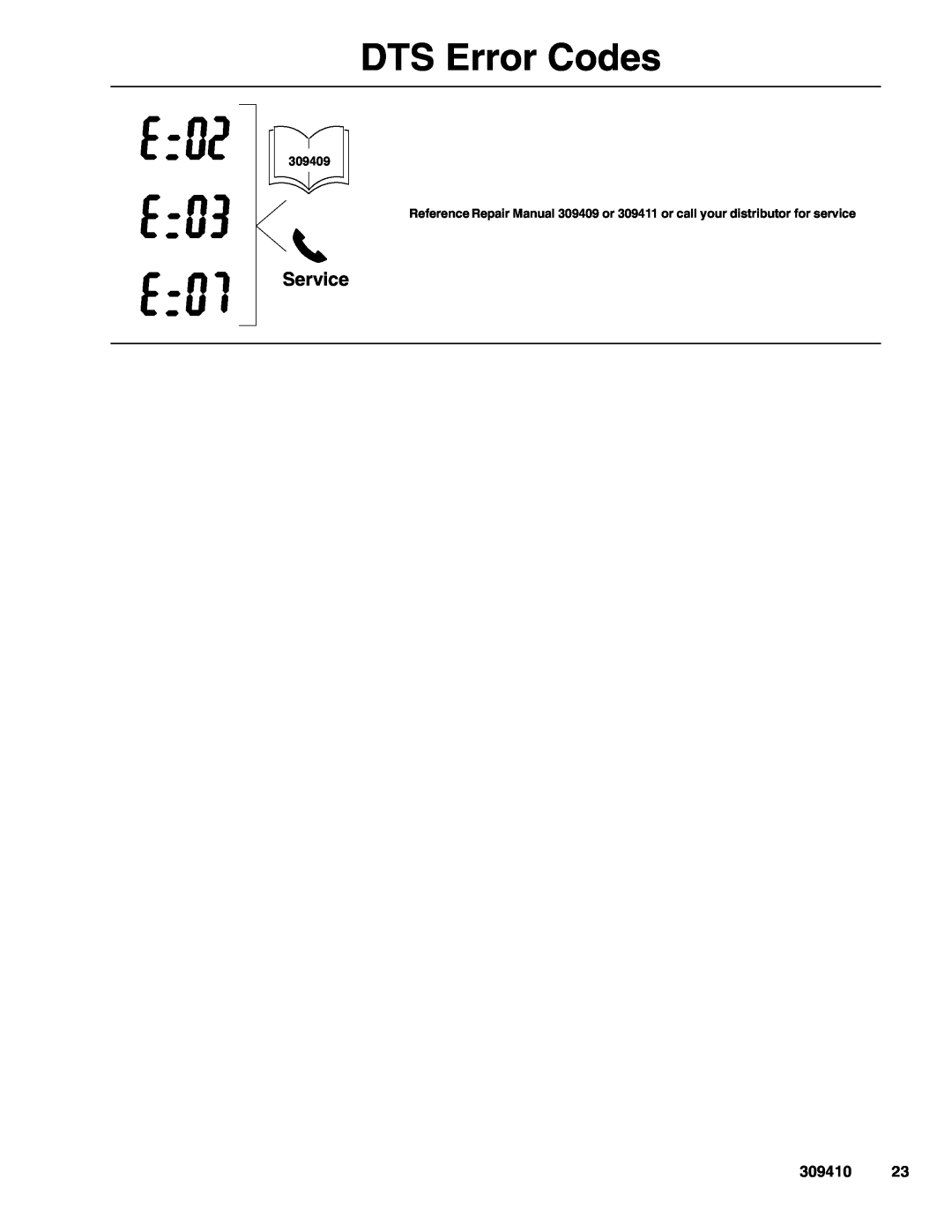 Graco Inc 309410 manual DTS Error Codes, Service, 309409 