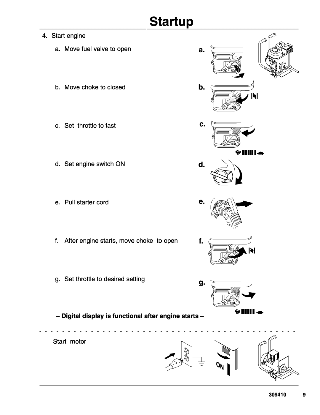 Graco Inc 309410 a b c d e f g, Start engine a. Move fuel valve to open b. Move choke to closed, Start motor, Startup 