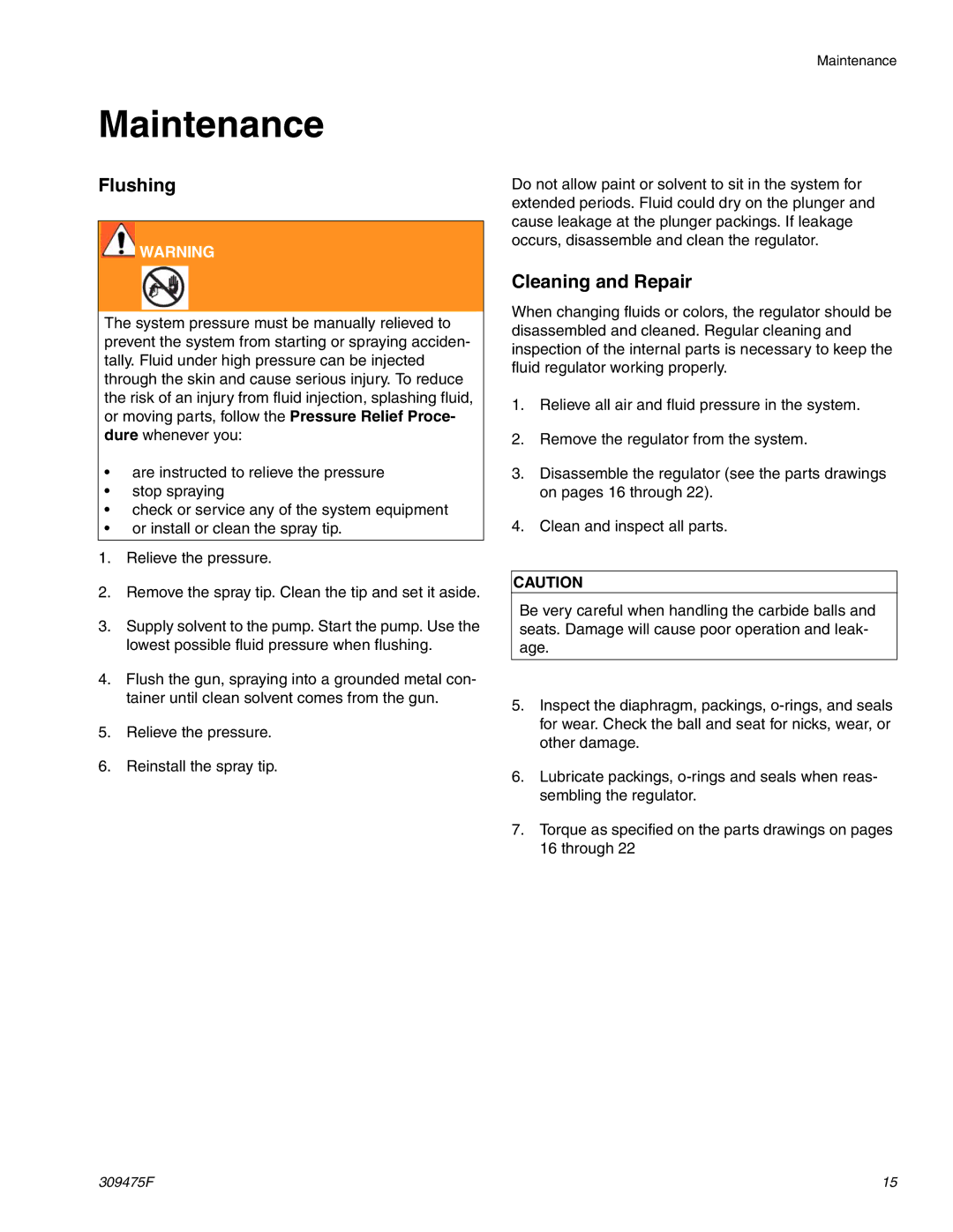 Graco Inc 309475F important safety instructions Maintenance, Flushing 