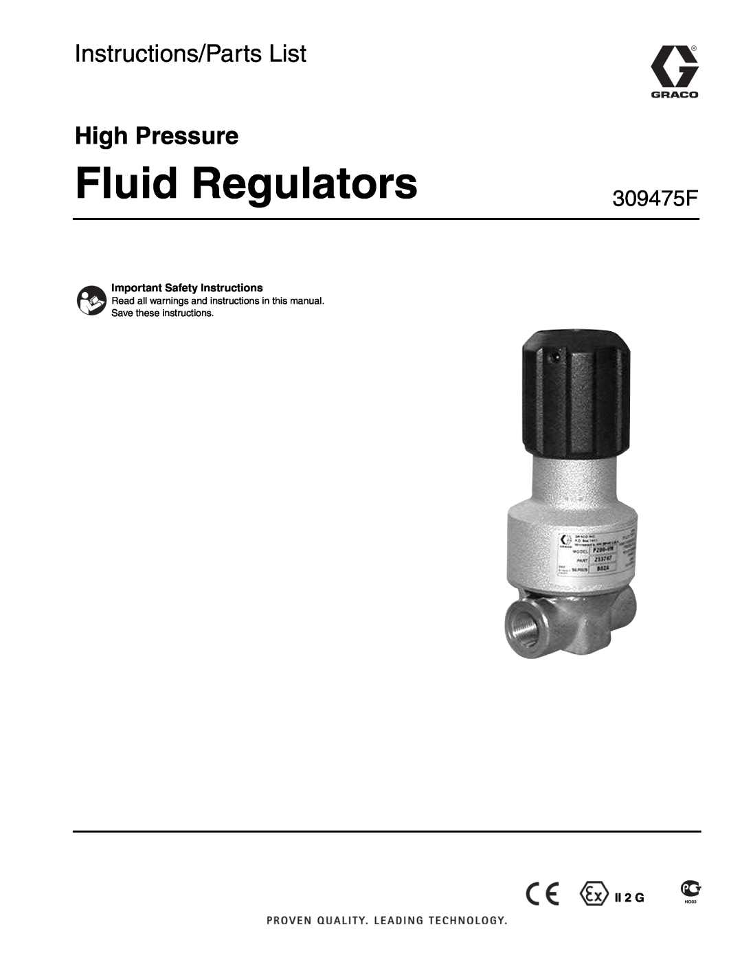 Graco Inc 309475F important safety instructions Fluid Regulators, Instructions/Parts List, High Pressure 