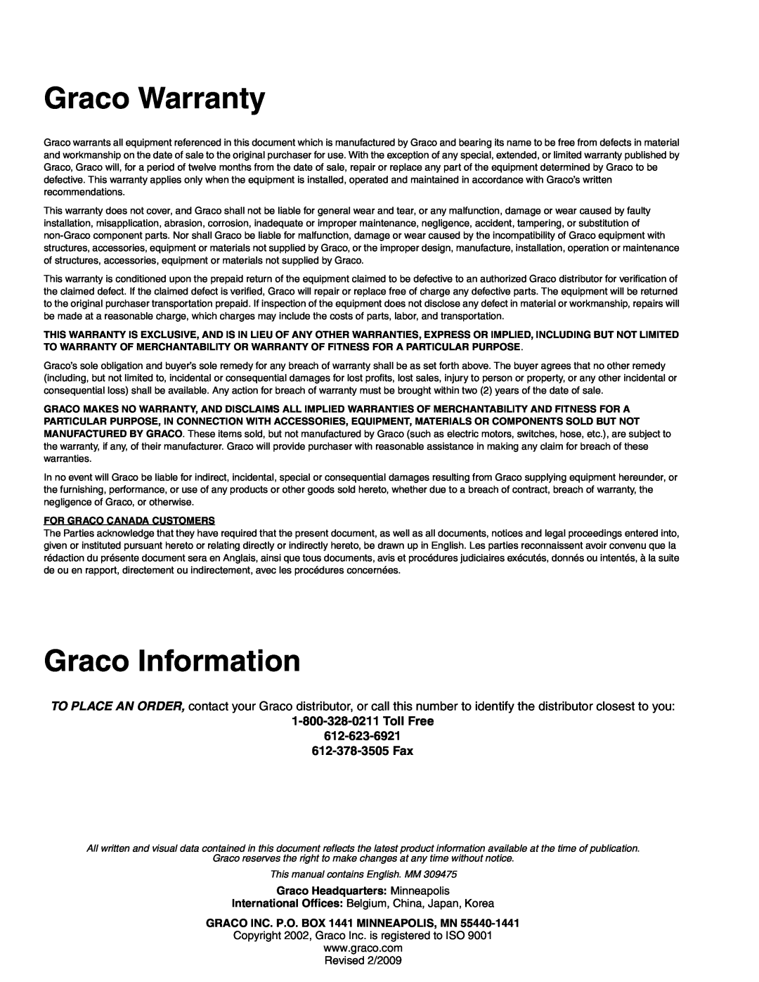 Graco Inc 309475F important safety instructions Graco Warranty, Graco Information 
