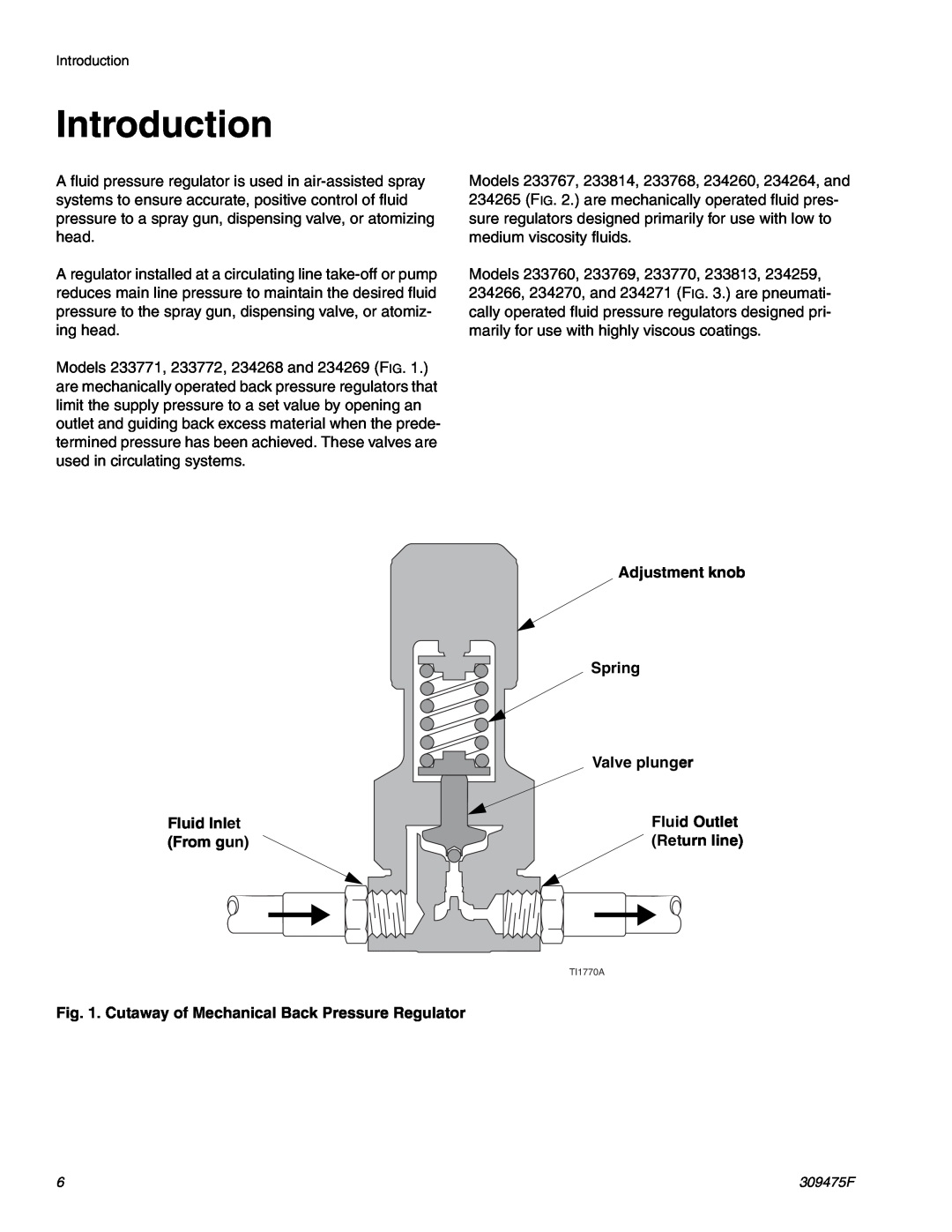 Graco Inc 309475F Introduction, Adjustment knob Spring, Valve plunger, Fluid Inlet, Fluid Outlet, From gun, Return line 