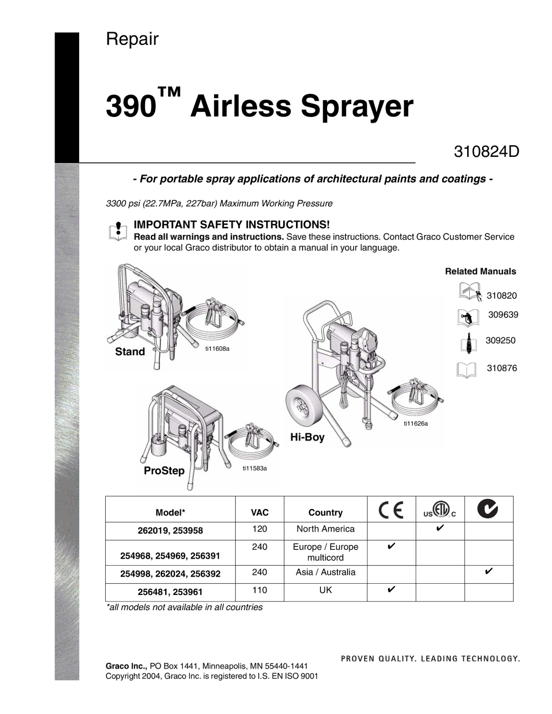 Graco Inc 309250, 309639, 310820, 310876, 310824D, 256481, 256391, ti9134b important safety instructions Stand, Hi-Boy ProStep 