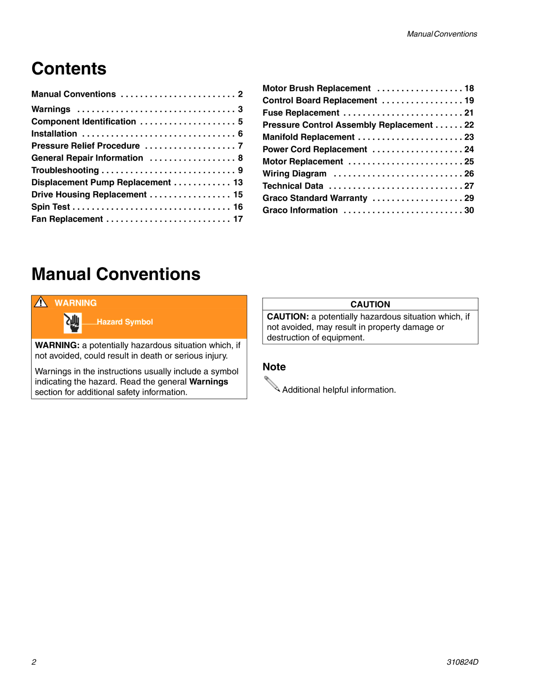 Graco Inc 310820, 309639, 309250, 310876, 310824D, 256481, 256391, ti9134b, ti6124a, ti6121a, ti5771a Contents, Manual Conventions 