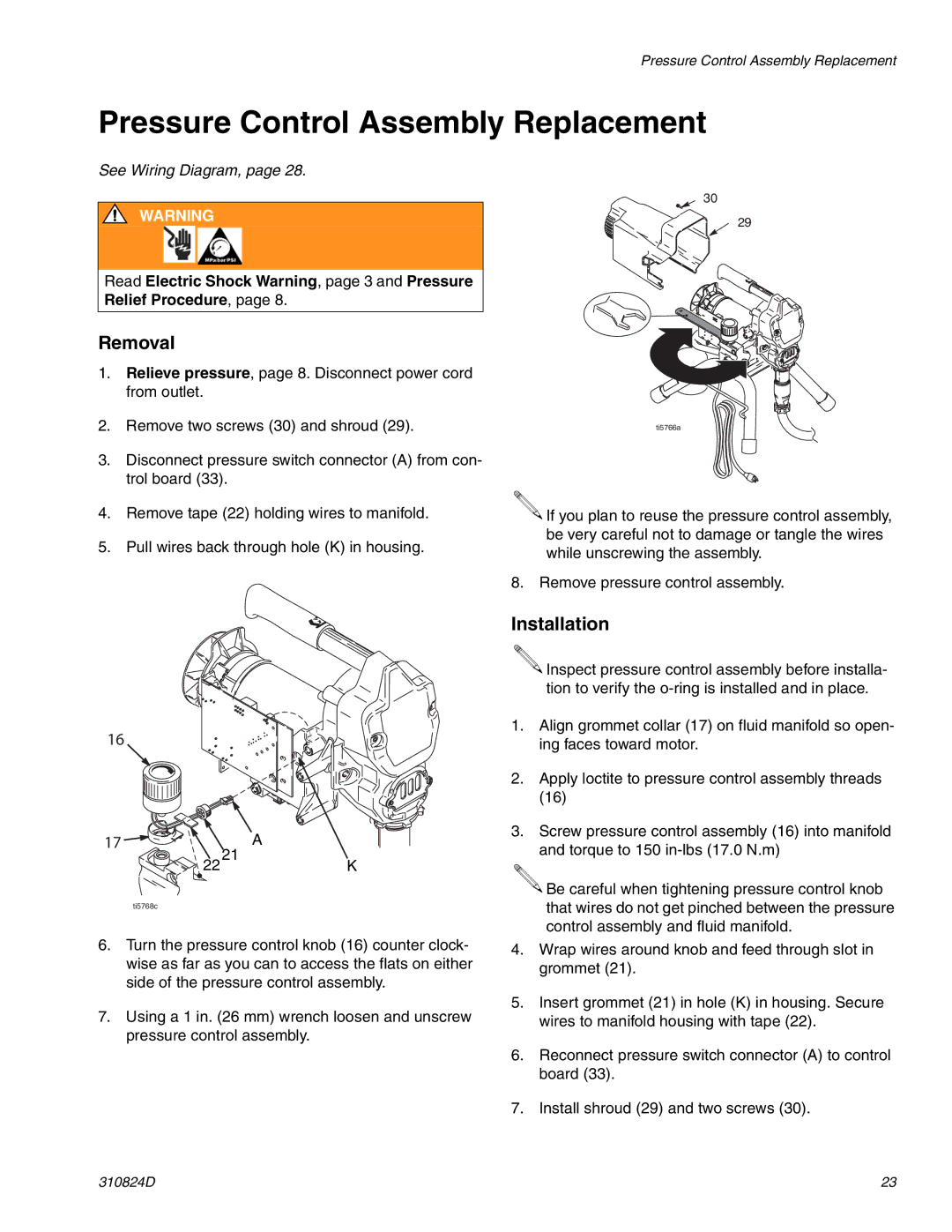 Graco Inc ti5766a, 309639, 309250, 310820, 310876, 310824D, 256481, 256391, ti9134b, ti6124a Pressure Control Assembly Replacement 