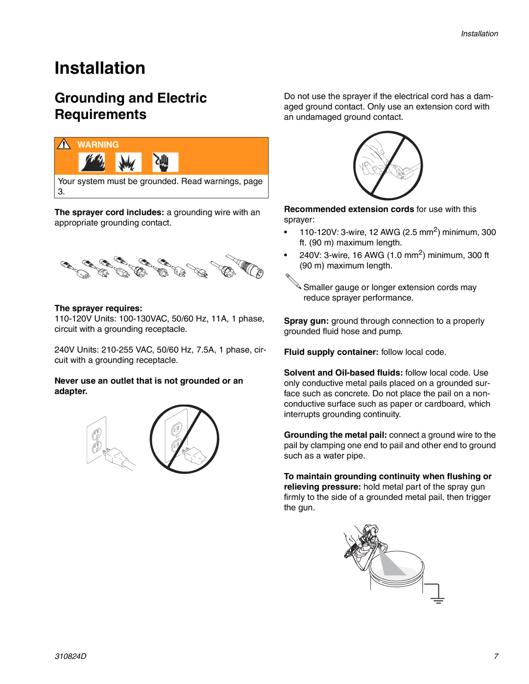 Graco Inc ti9134b, 309639, 309250, 310820, 310876, 310824D, 256481, 256391 Installation, Grounding and Electric Requirements 