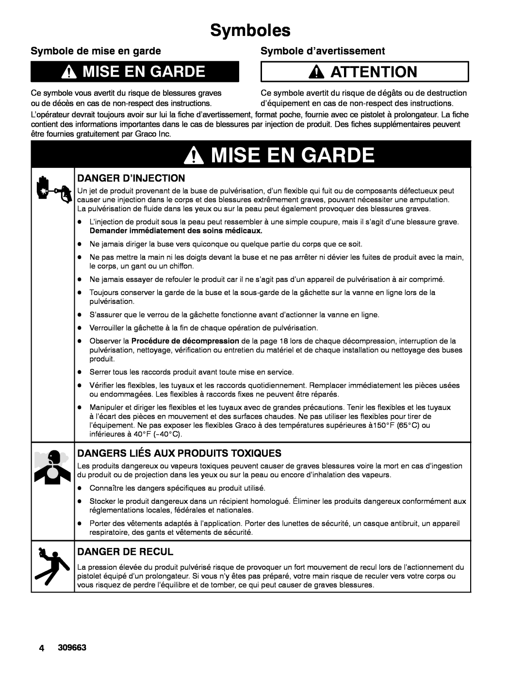 Graco Inc 234113, 309663E Mise En Garde, Symboles, Symbole de mise en garde, Symbole d’avertissement, Danger D’Injection 