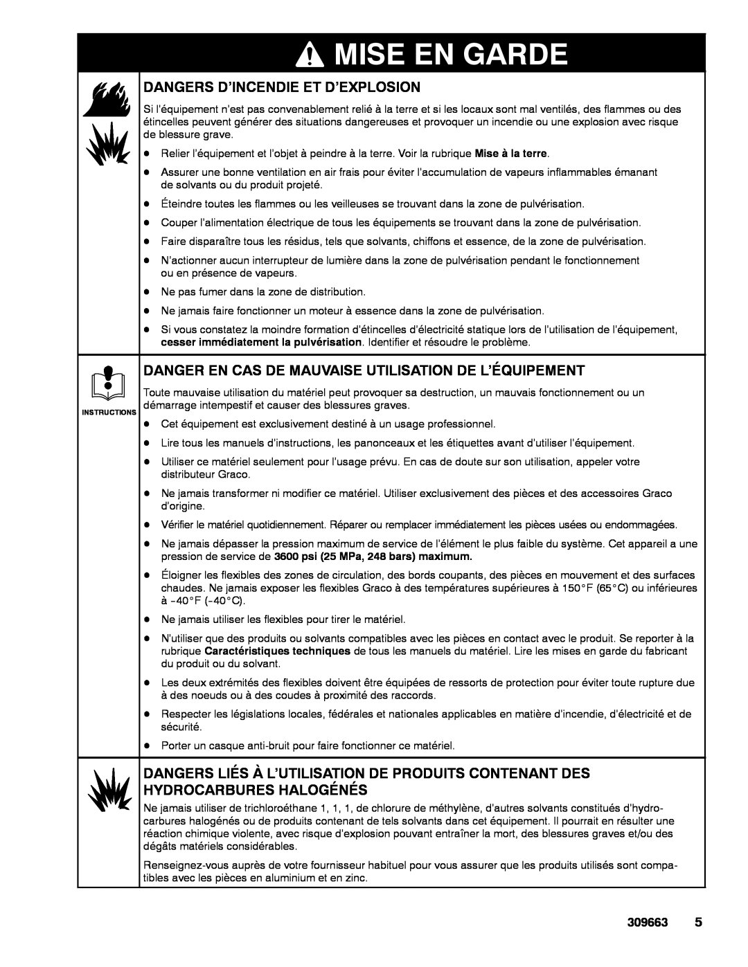 Graco Inc 1030 FC Dangers D’Incendie Et D’Explosion, Danger En Cas De Mauvaise Utilisation De L’Équipement, Mise En Garde 