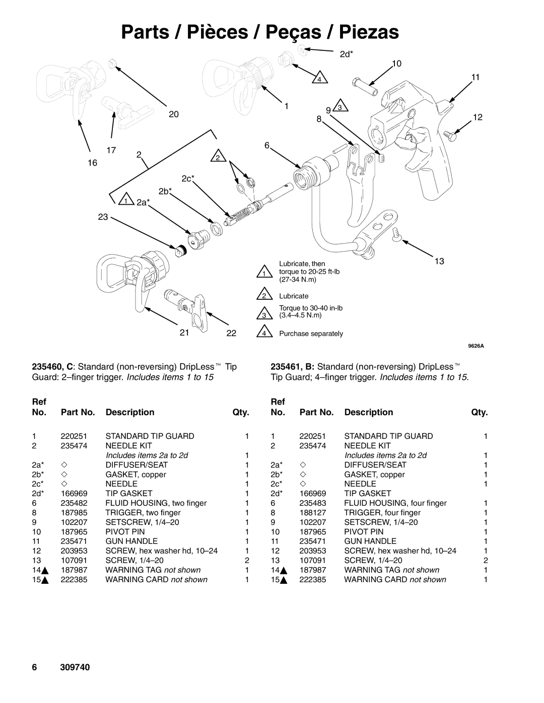 Graco Inc 309740 manual Parts / Pièces / Peças / Piezas, Description Qty 