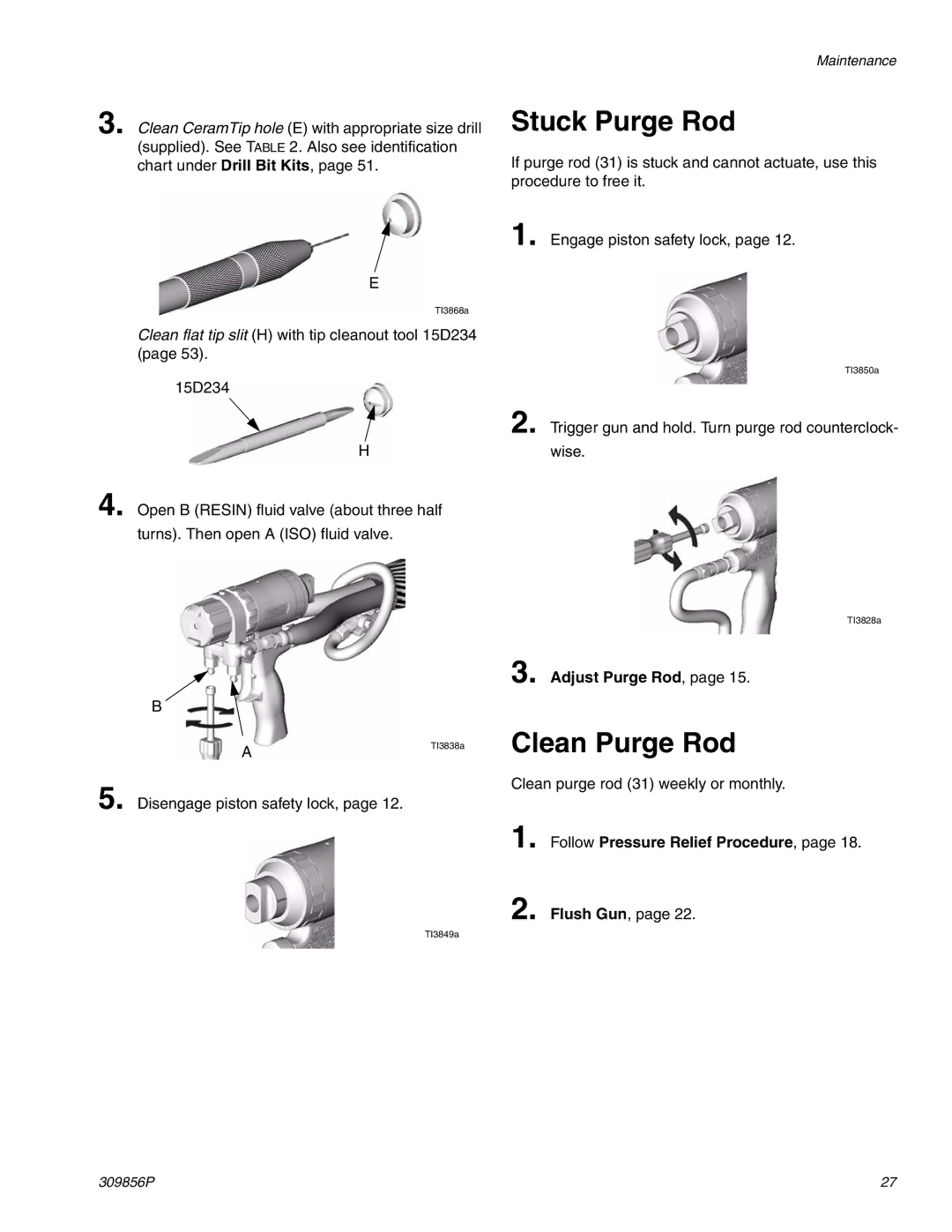 Graco Inc 2004230905, 309856P, TI3840a important safety instructions Stuck Purge Rod, Clean Purge Rod, Adjust Purge Rod 