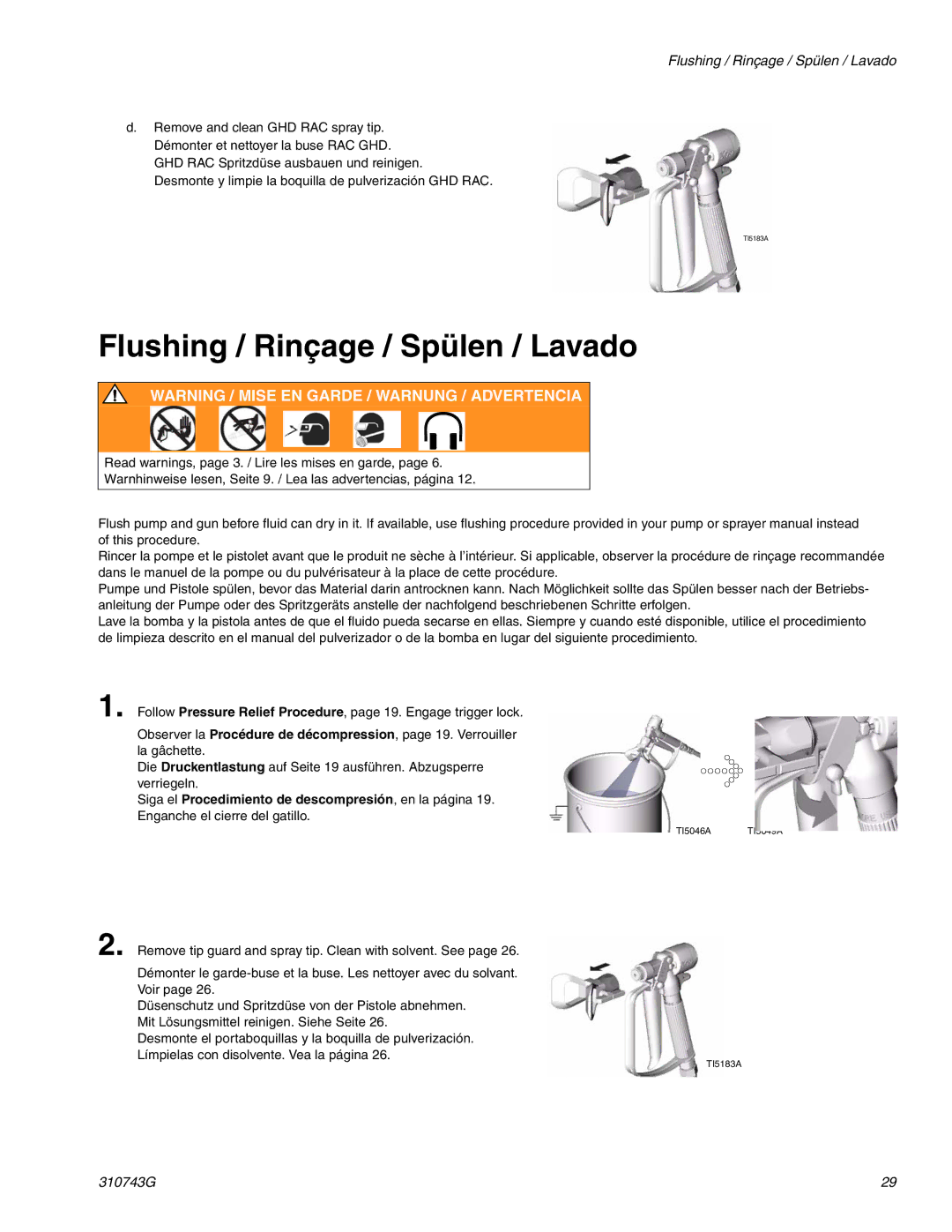 Graco Inc 310743G manual Flushing / Rinçage / Spülen / Lavado 