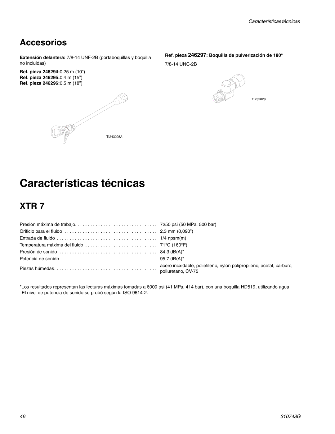 Graco Inc 310743G manual Características técnicas, Accesorios 