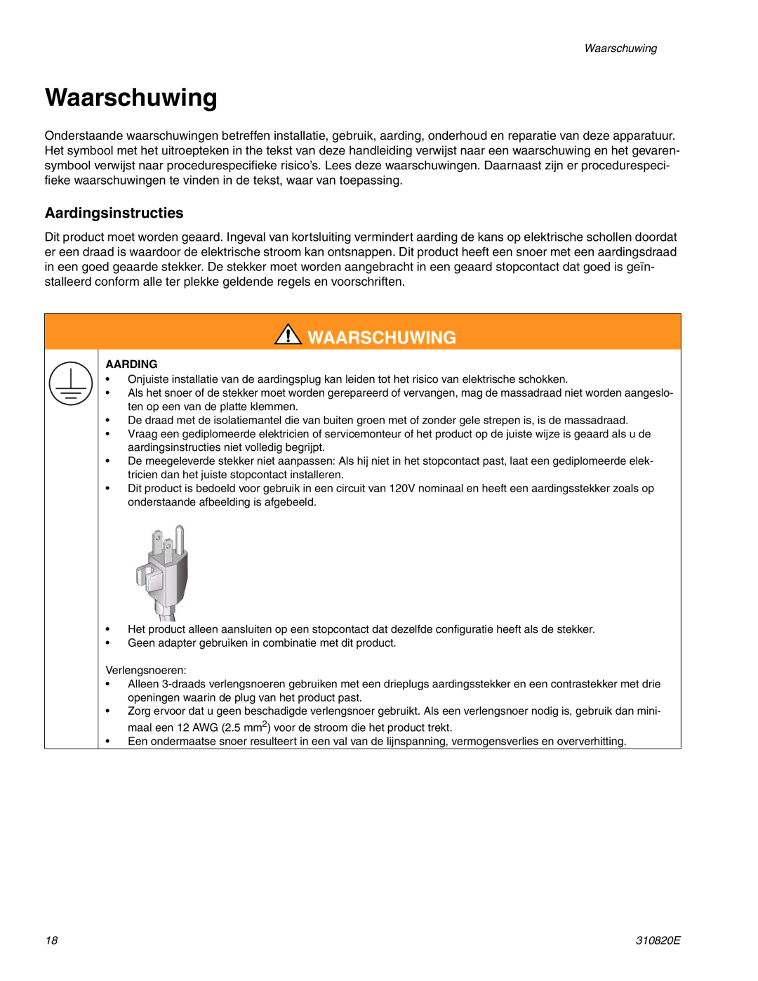 Graco Inc ti11583a, 310820E, ti11626a, Hi-Boy important safety instructions Waarschuwing, Aardingsinstructies 