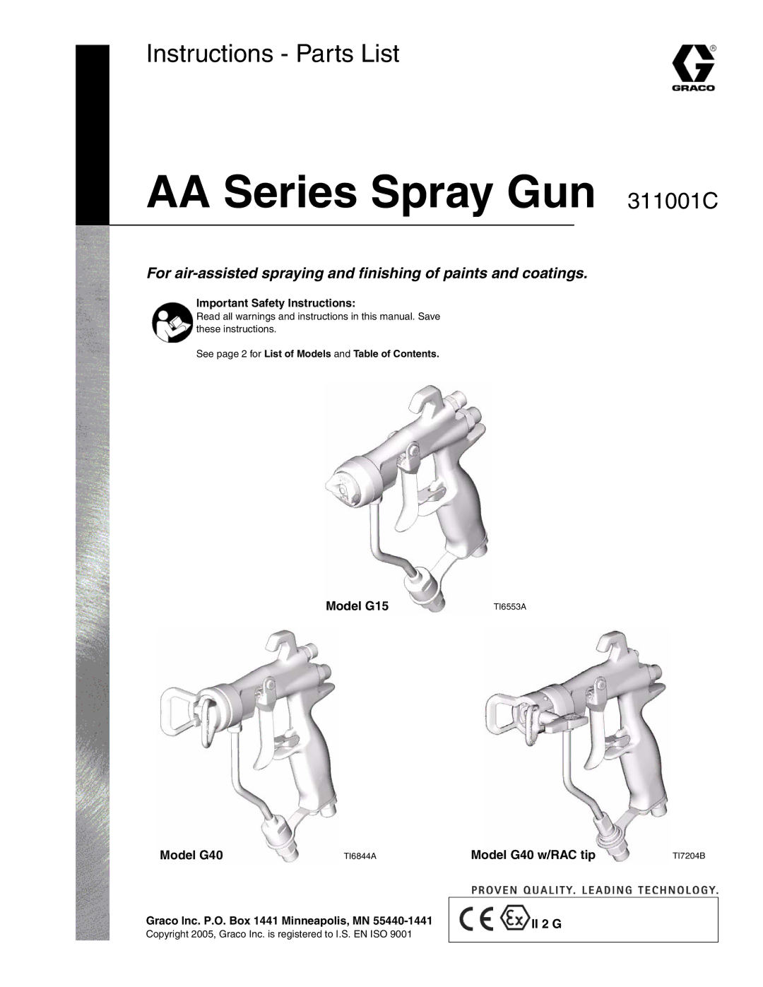 Graco Inc 311001C important safety instructions Model G15, Model G40 w/RAC tip, II 2 G 