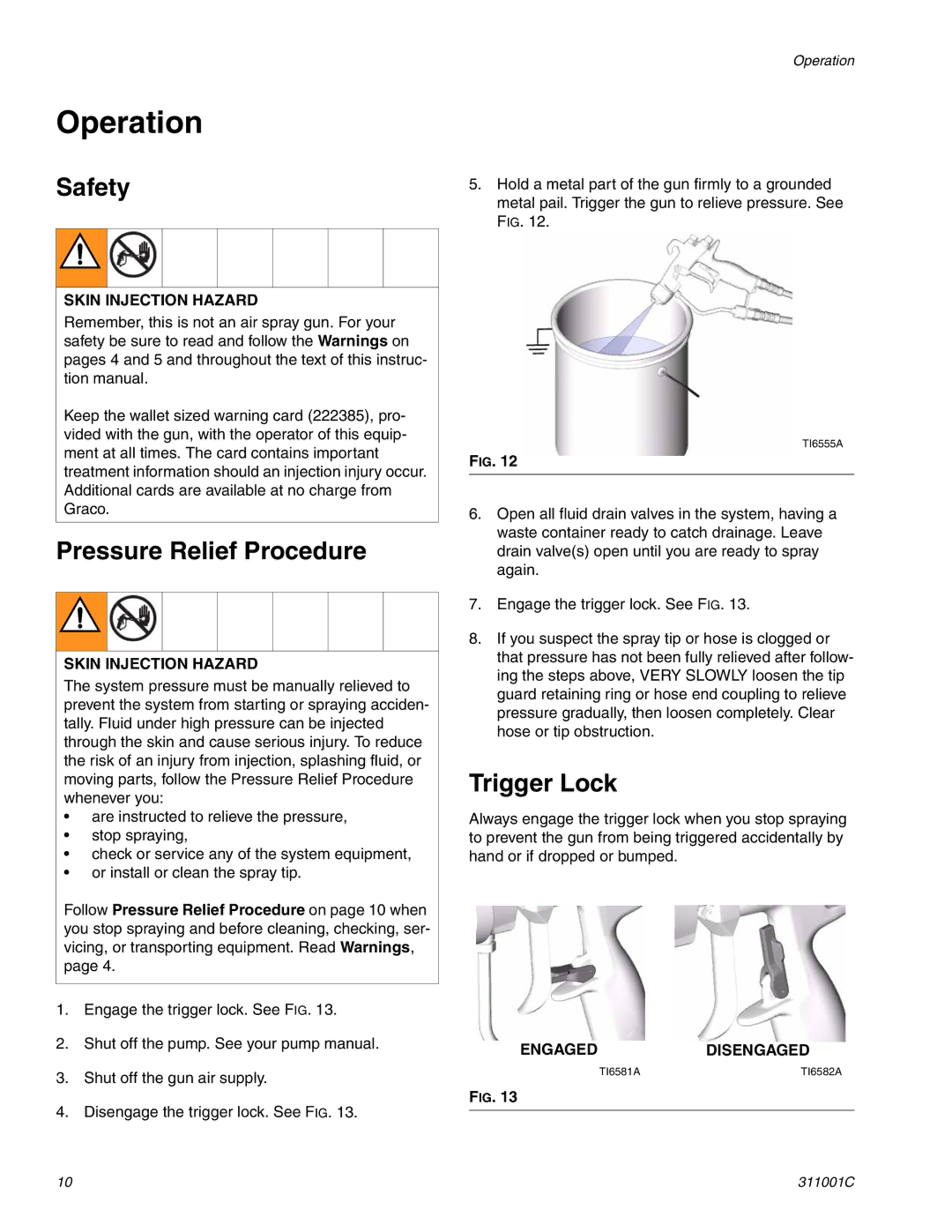 Graco Inc 311001C important safety instructions Operation, Safety, Pressure Relief Procedure, Trigger Lock 